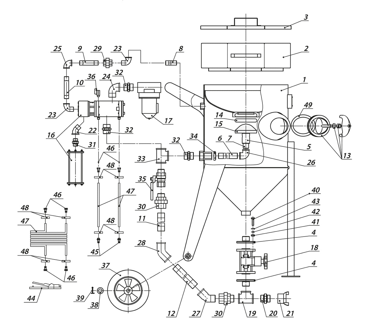 Schematische illustratie van de Contracor BlastRazor Z-100RCS / Z-200RCS met genummerde onderdelen voor duidelijke identificatie.